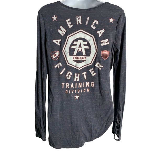 American Fighter Double Sided Shirt S Grey Cut Out Sleeve Side Slits Hi Low Hem - Picture 4 of 5